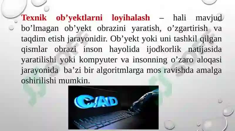 Zamonaviy avtomatlashtirilgan loyixalash tizimlari va ularni texnik soxalarda qo’llanilishi. 2