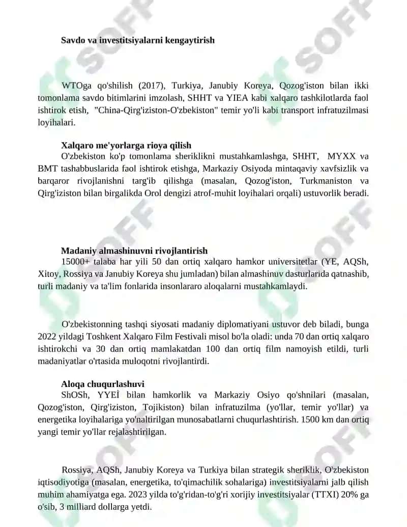 Oʻzbekiston Respublikasi tashqi siyosatınıng muhim yo'nalishlari 2