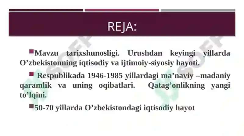 Ma’muriy-buyruqbozlik tuzumining kuchayishi va inqirozi davrida O’zbekiston (1946-1985 yy.) 2
