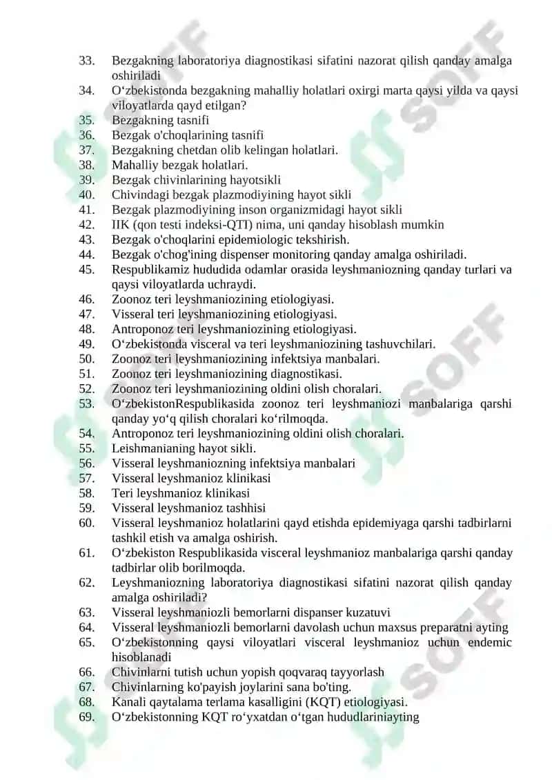 Tibbiy-profilaktika ishi (Parazitolog vrach yordamchilari uchun) mutaxassisligi bo’yicha shakllantirilgan og’zaki savollar ro’yxati 2