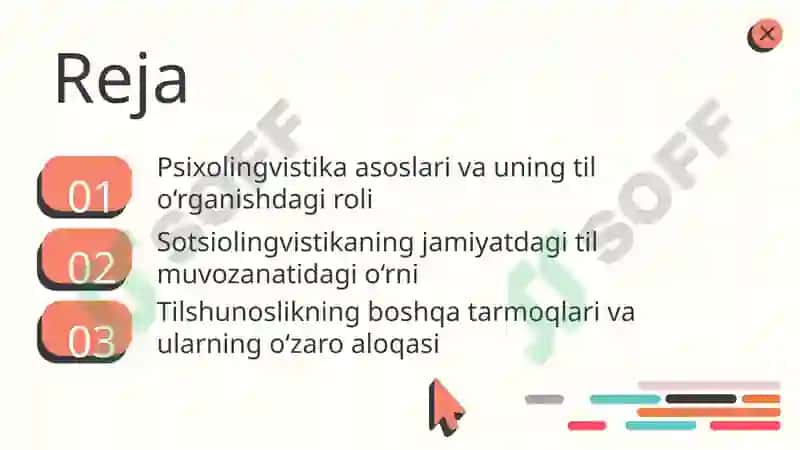Tilshunoslikning tarmoqlari (psixolingvistika va sotsiolongvistoka va b.) 2