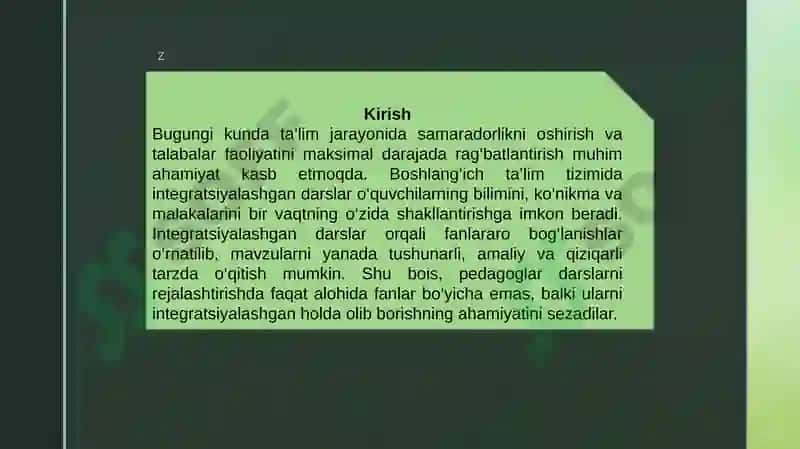 BOSHLANGʻICH TAʼLIM TIZIMIDA INTEGRATSIYALASHGAN DARSLAR.INTEGRATSIYALASHGANREJALASHTIRISH 2