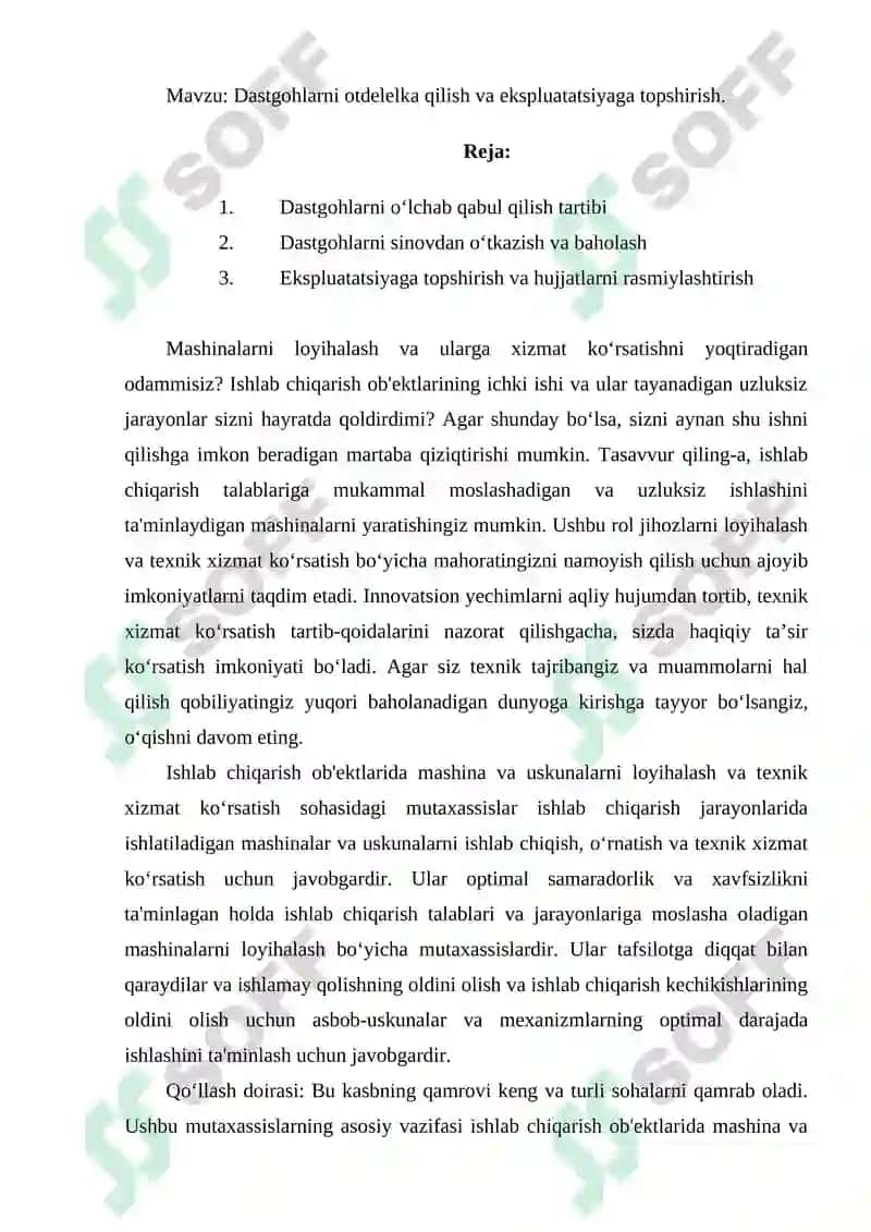 Dastgohlarni otdelelka qilish va ekspluatatsiyaga topshirish 2
