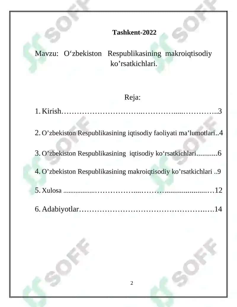 O'zbekiston Respublikasining makroiqtisodiy ko’rsatkichlari 2