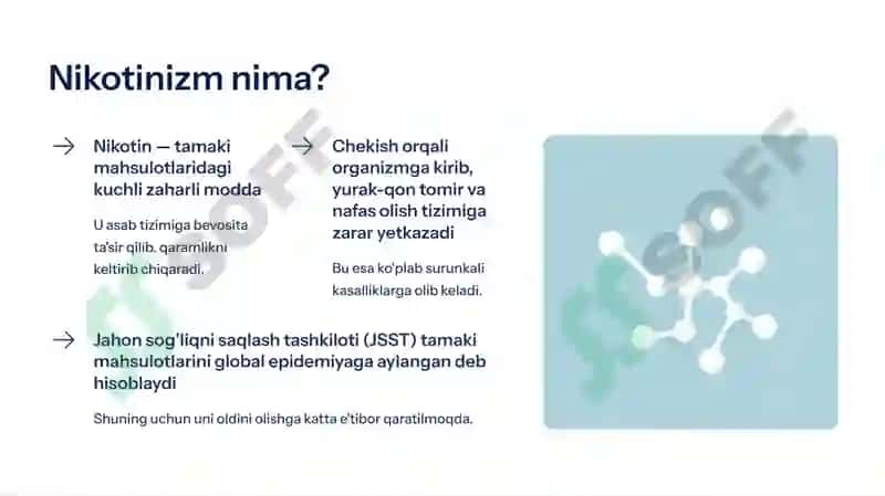 Nikotinizm va uning asoratlari. Nikotinizmning o'smirlar va ayollar organizmiga ta'siri 2