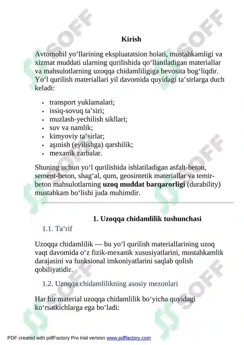 Yo'q qurilish materiallari va mahsulotlarining uzoqqa chidamliligi 2