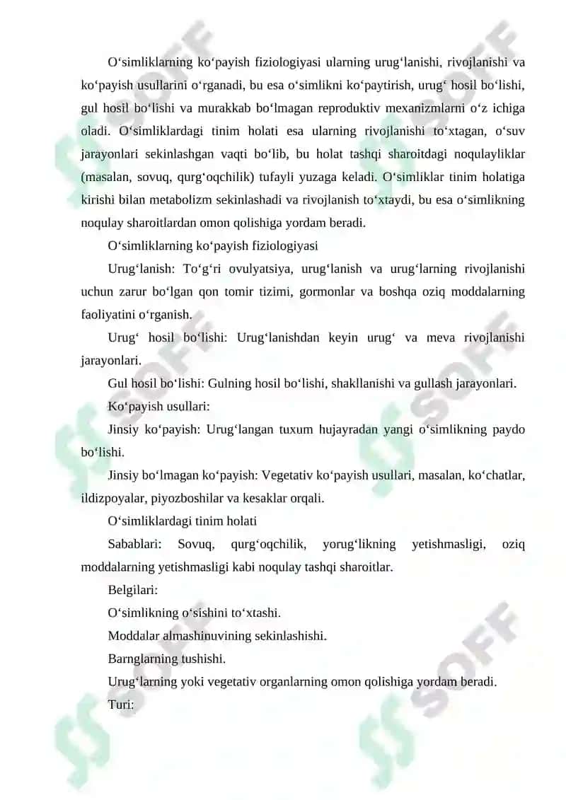 OʻSIMLIKLARNING KOʻPAYISH FIZIOLOGIYASI VA OʻSIMLIKLARDAGI TINIM HOLATI 2