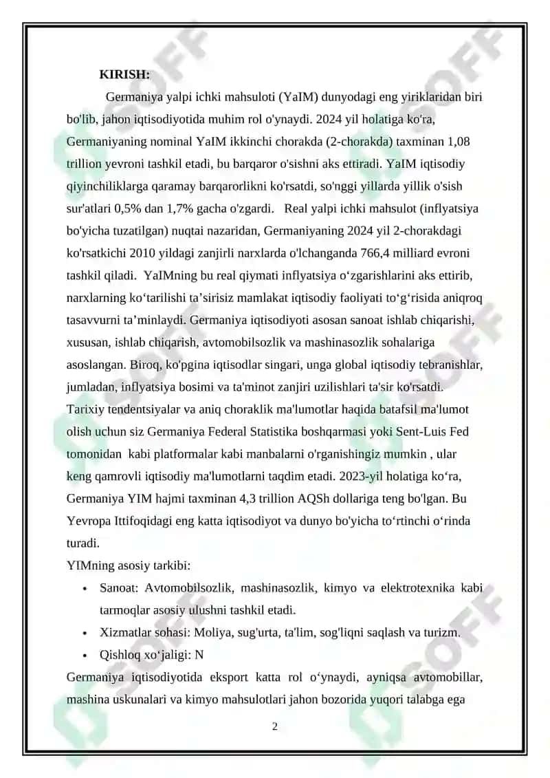 Germaniyaning 10 yillik nominal hamda real yalpi ichki mahsulotining o’sish ko’rsatkichlarini basis hamda zanjirli usullarda tahlil qilish 2