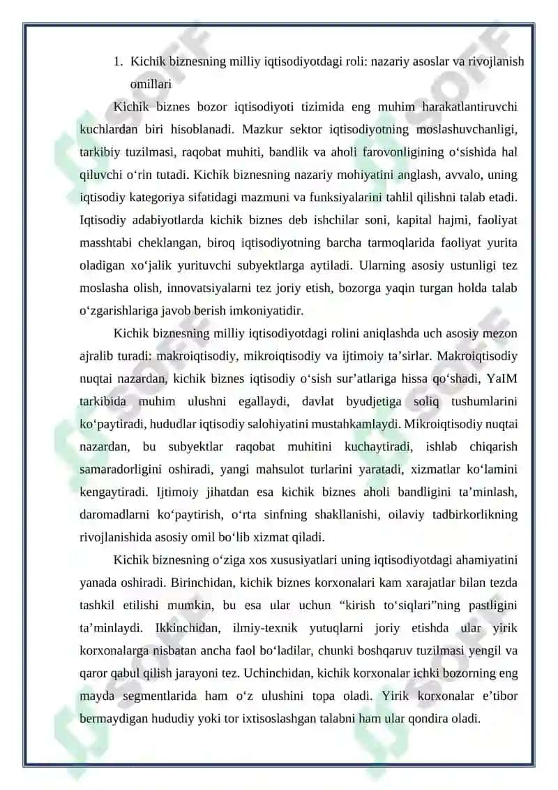Kichik biznesning milliy iqtisodiyotdagi roli va ahamiyati 2