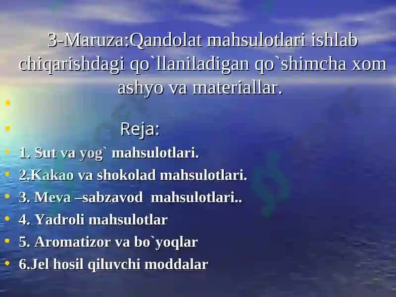 Qandolat mahsulotlari ishlab chiqarishdagi qo`llaniladigan qo`shimcha xom ashyo va materiallar 2