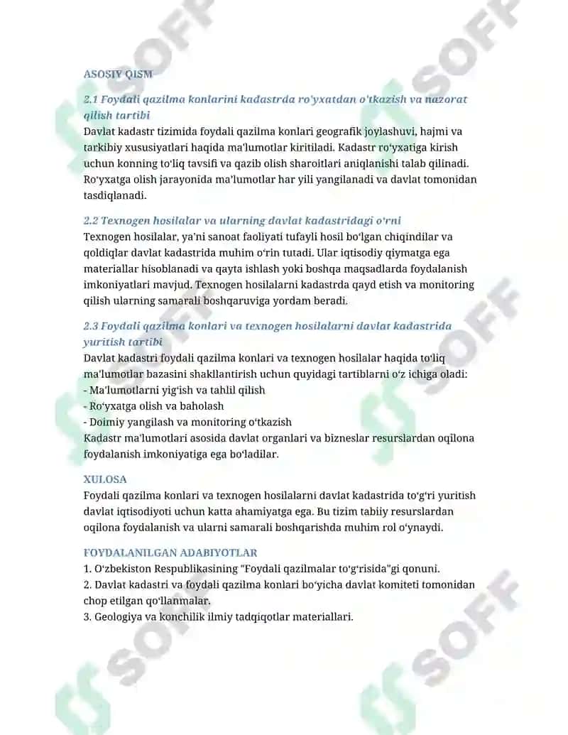 Foydali qazilma konlari, belgilari va texnogen hosilalar davlat kadastrini yuritish tartibi 2