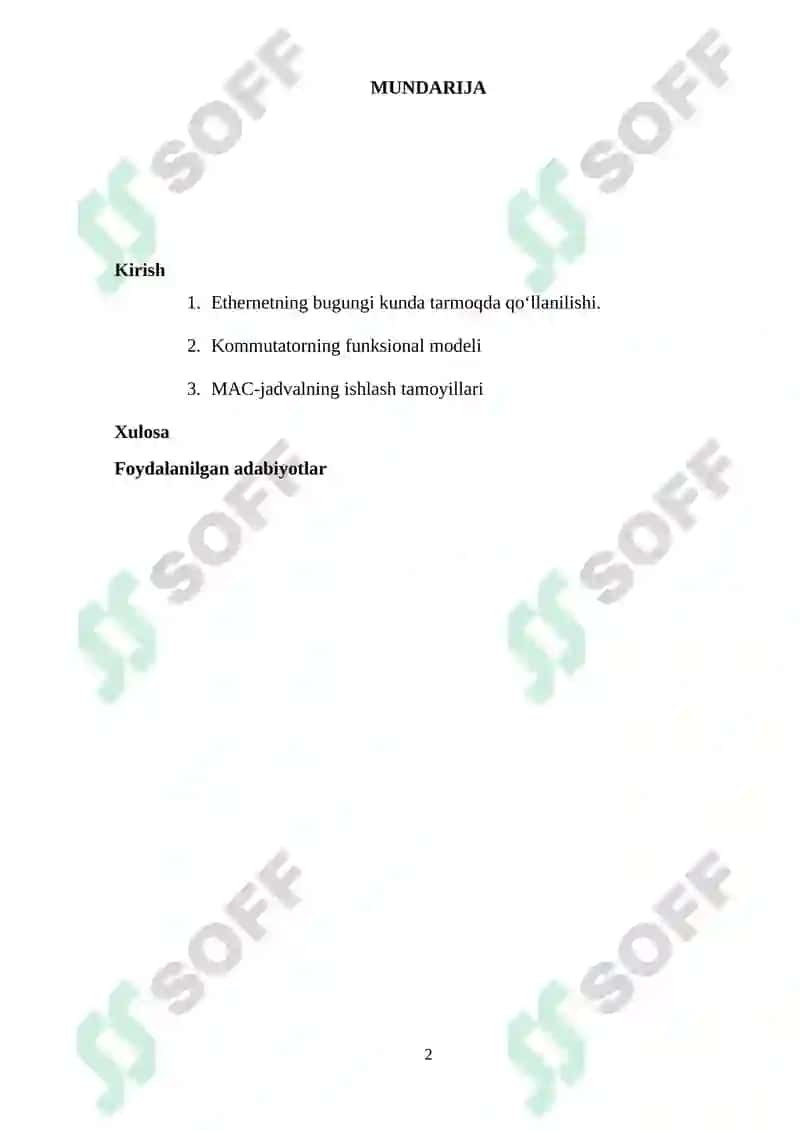 Kanal pog'onasining protokollari (Frame Relay, ATM, Ethernet). Kommutatorning funksional modeli, turlari va MAC-jadvalning ishlash tamoyillari 2