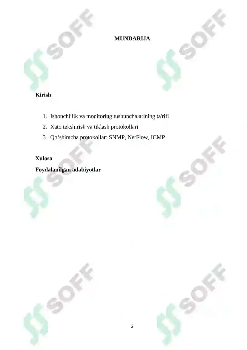Ma'lumotlar uzatish tarmoqlarining ishonchlilik ko`rsatkichlariga talablar va ularni oshirish usullari. Ma’lumotlar uzatish tarmoqlarida monitoring usullari va protokollari 2