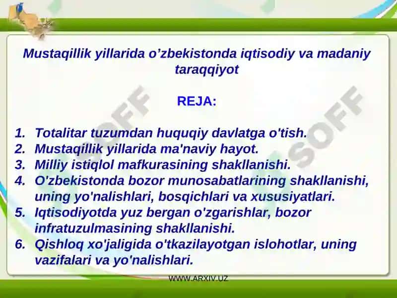 Mustaqillik yillarida o’zbekistonda iqtisodiy va madaniy taraqqiyot 2