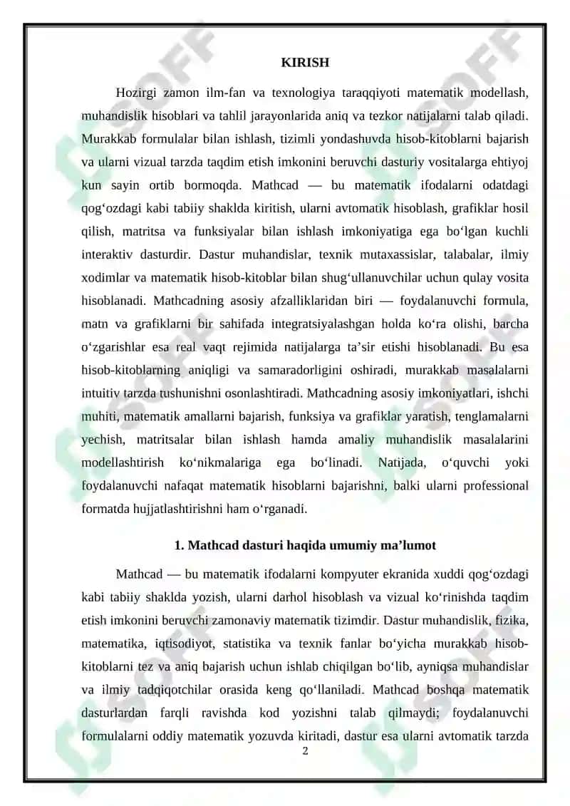 Mathcad dasturidan foydalanishni o'rganish 2