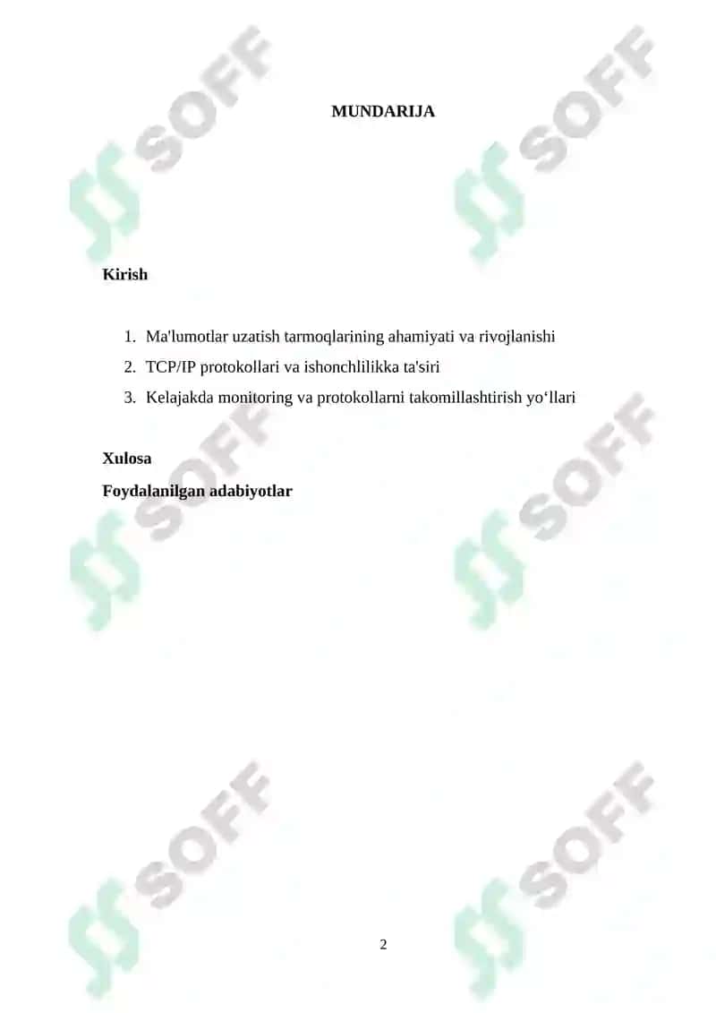 Ma'lumotlar uzatish tarmoqlarining ishonchlilik ko`rsatkichlariga talablar va ularni oshirish usullari. Ma’lumotlar uzatish tarmoqlarida monitoring usullari va protokollari 2