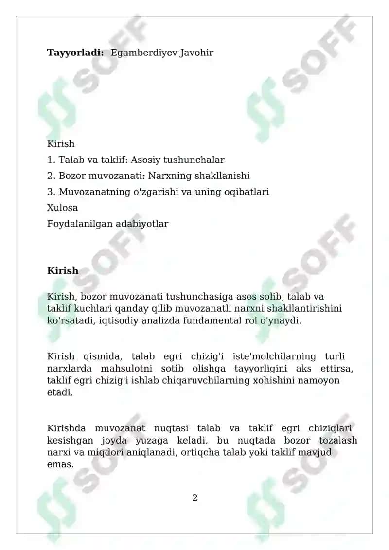 Bozor muvozanati: talab, taklif va narx shakllanishi 2