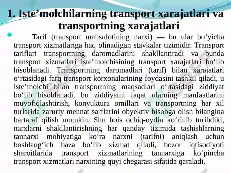 Transport Xarajatlari va Tariflari 2