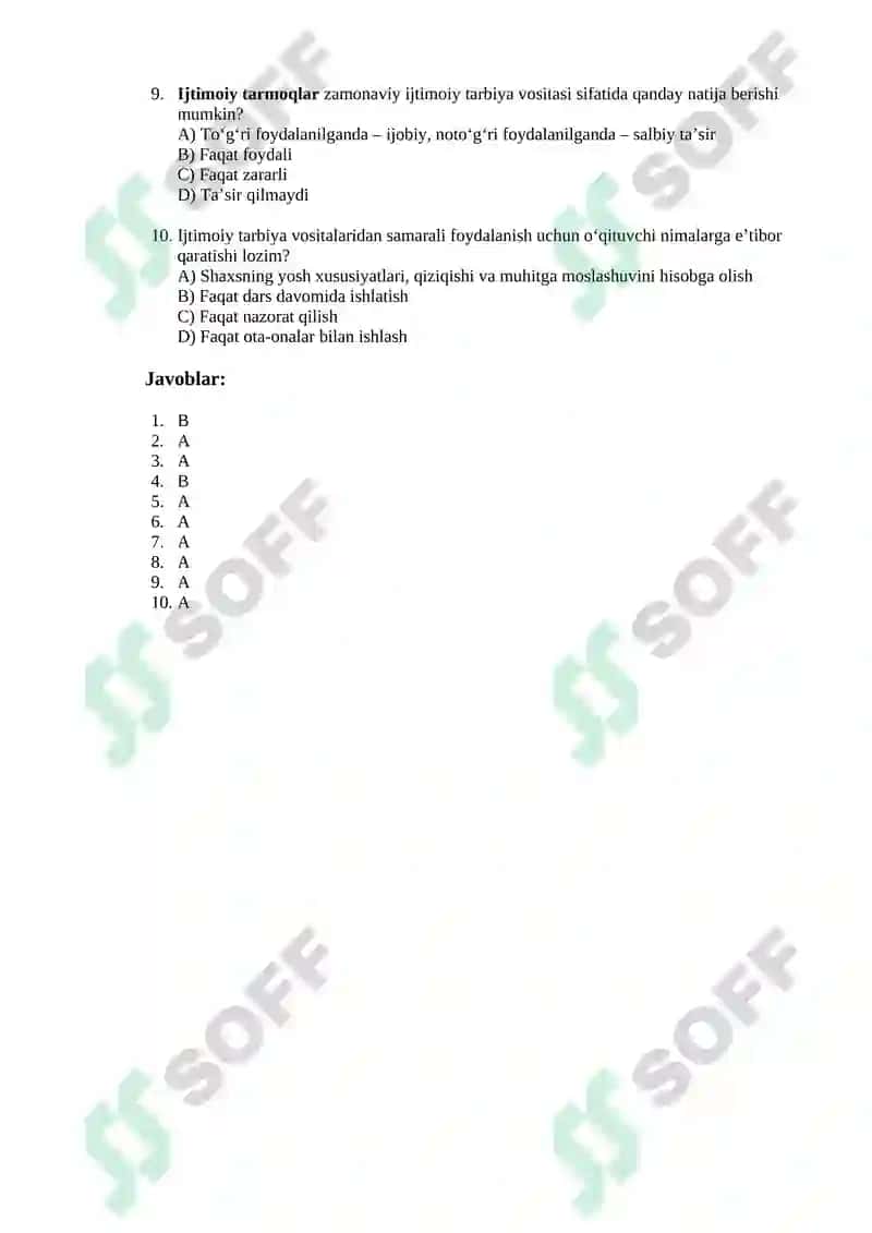 Ijtimoiy tarbiya test savollari 2