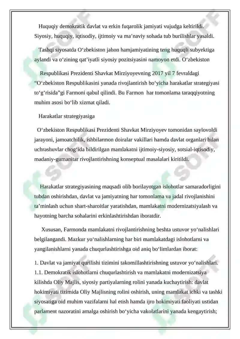 O’zbekistonni rivojlantirishning harakatlar strategiyasi-milliy taraqqiyot asosini o’rganish. 2