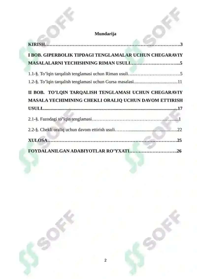 Giperbolik tipdagi tenglamalar uchun chegaraviy masalalarni yechish usullari. 2