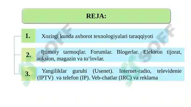 Yangiliklarguruhi(Usenet). Internet-radio,televidenie(IPTV)vatelefon(IP). 2