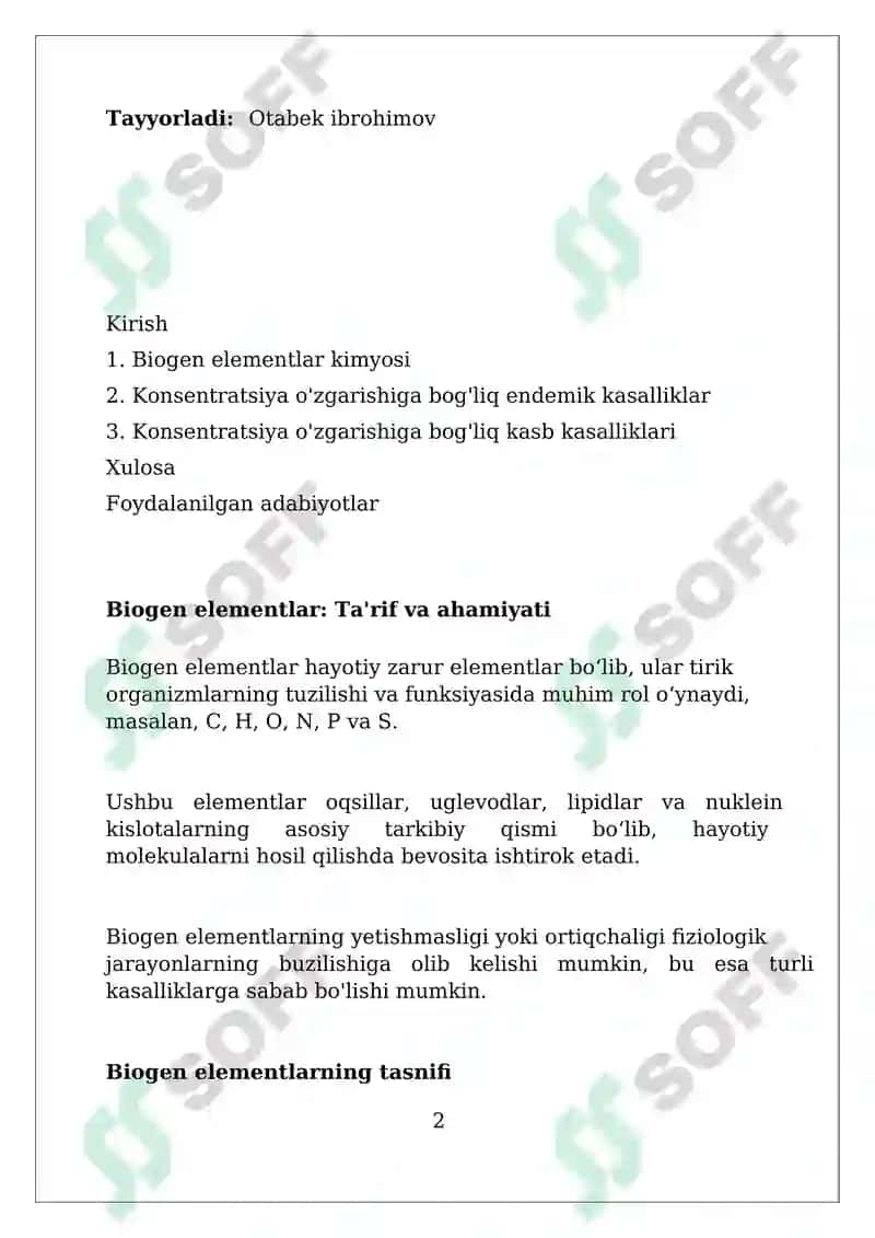 Biogen elementlar kimyosi. Konsentratsiya o'zgarishi bog'liq bo'lgan endemik va kasb kasalliklari 2