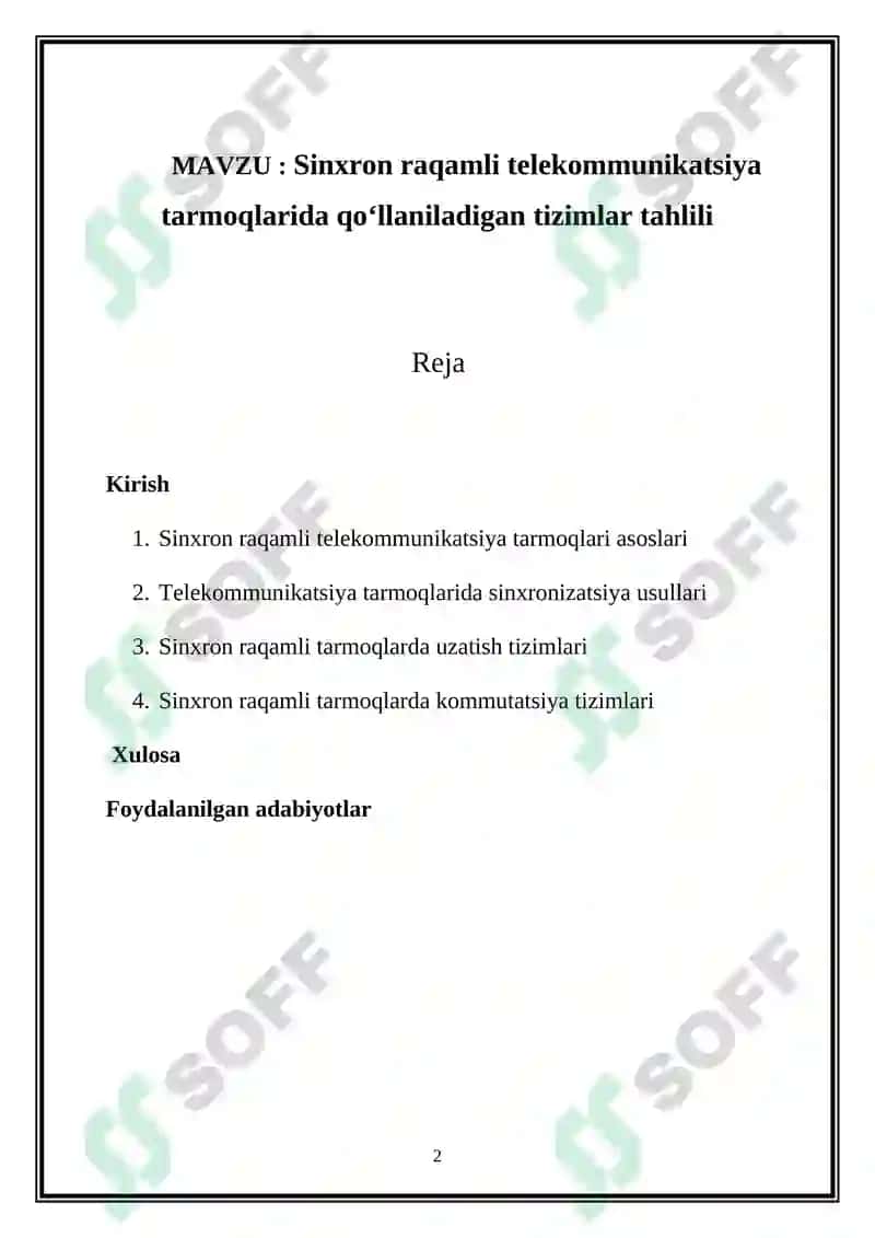 Sinxron raqamli telekommunikatsiya tarmoqlarida qoʻllaniladigan tizimlar tahlili 2