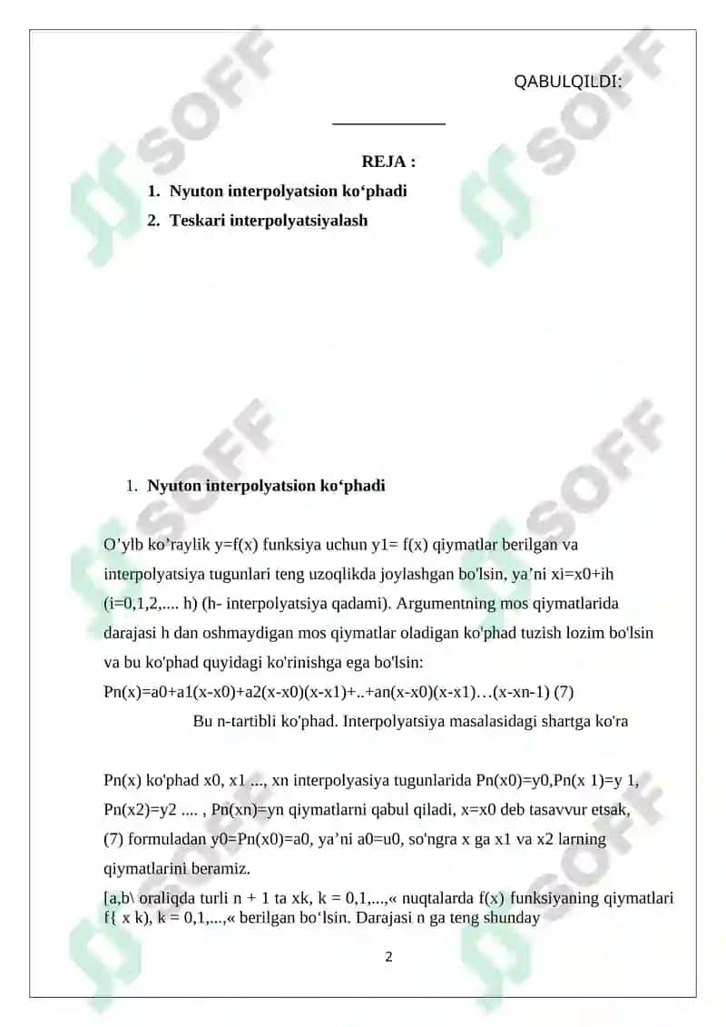 Funksiyalarni Nyuton formulalari yordamida approksimatsiyalash va egri chiziq yasash 2