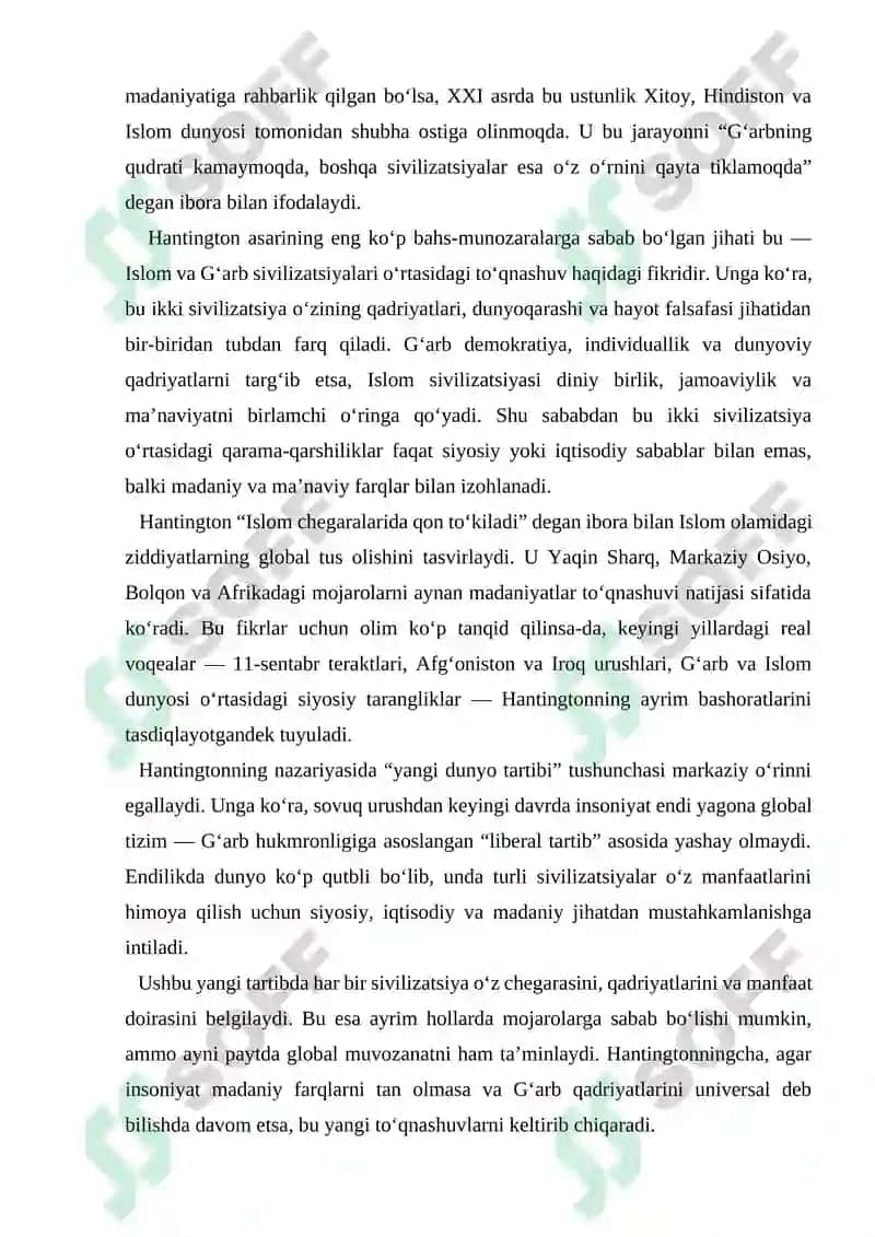 Samuel Hantingtonning “Sivilizatsiyalar to‘qnashuvi va yangi dunyo tartibi” 2