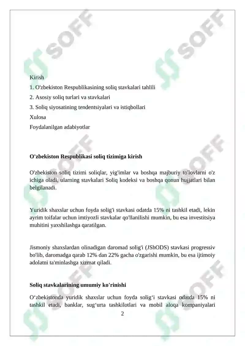 Oʻzbekiston respublikasi soliq stavkalari taxlili 2