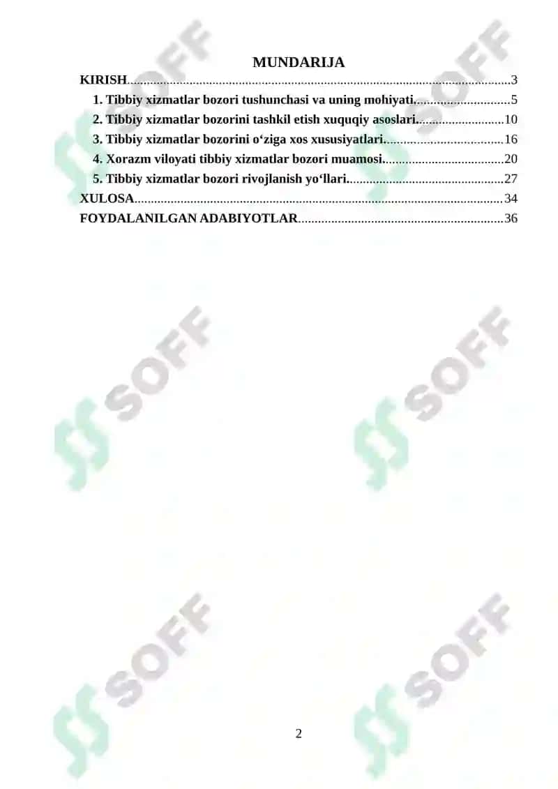 TIBBIY XIZMATLAR BOZORINI TASHKIL ETILISHI VA RIVOJLANISHI  KURS ISHI 2