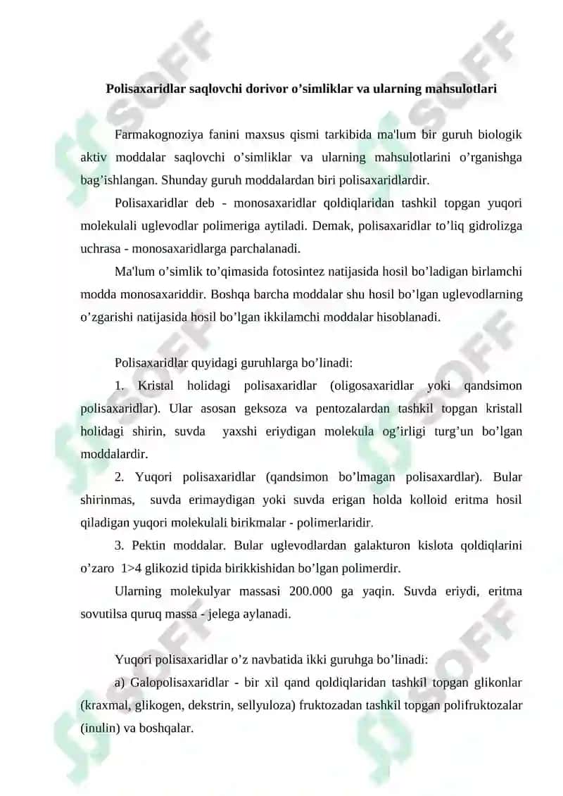 Polisaxaridlar bo’lgan dorivor o’simliklar va mahsulotlar mavzusi 2
