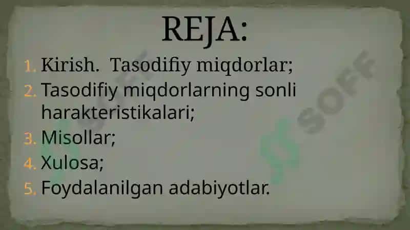 TASODIFIY MIQDORLARNING SONLI HARAKTERISTIKALARI 2