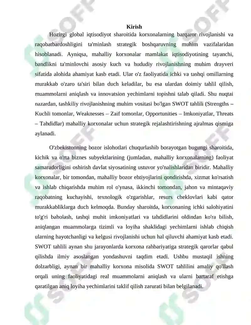 Mahalliy korxona boyicha swot tahlil tayyorlash, muammoni aniqlash va yechimlarni liyiha shaklida ishlab chiqish 2