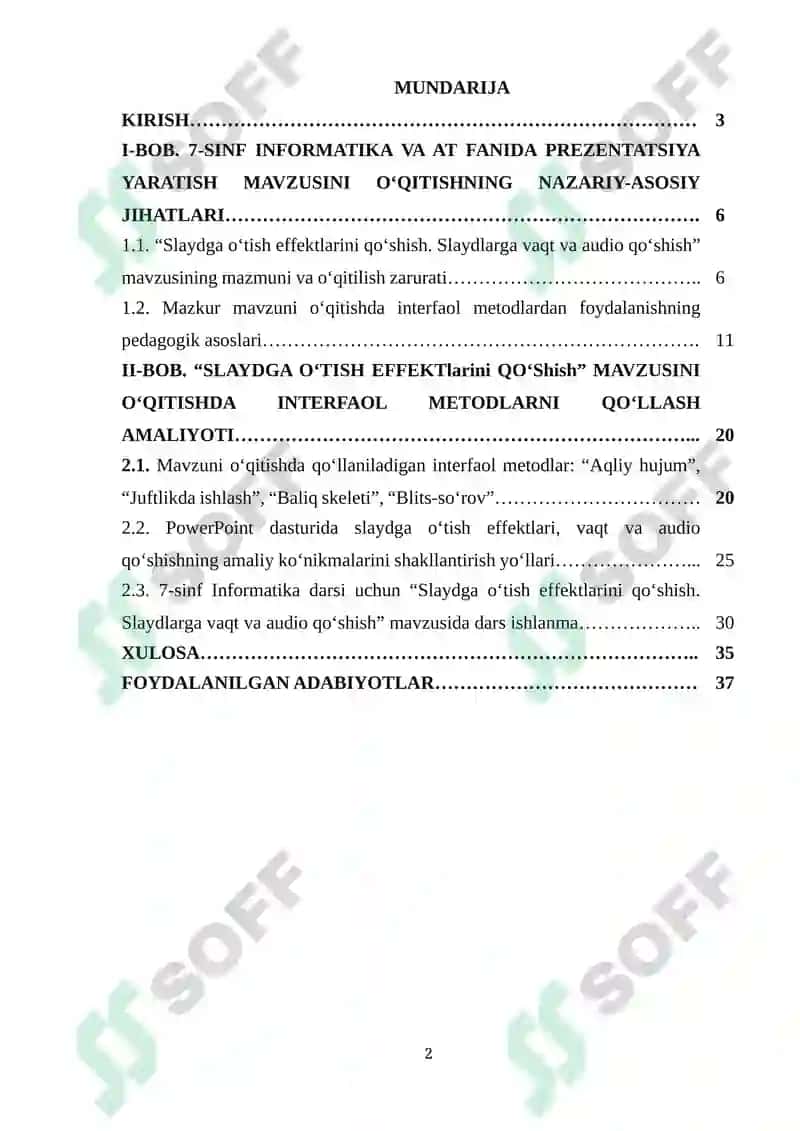 Umumiy orta talim maktablarining 7-sinfida Informatika va AT fanidan “Slaydga o‘tish effektlarini qo‘shish. Slaydlarga vaqt va audio qo‘shish” mavzusini o‘qitishda interfaol metodlardan foydalanish 2
