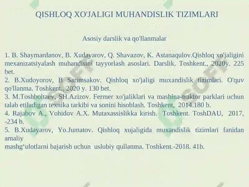 Qishloq xo'jaligini mexanizatsiyalash muhandisini tayyorlash asoslari 2