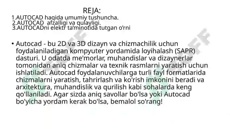 AUTOCAD DASTURI VA UNING ELEKTR TA’MINOTIDAGI TUTGAN O’RNI 2