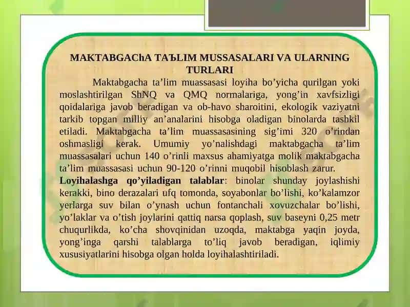 Maktabgacha ta'lim muassasalarini loyihalash 2