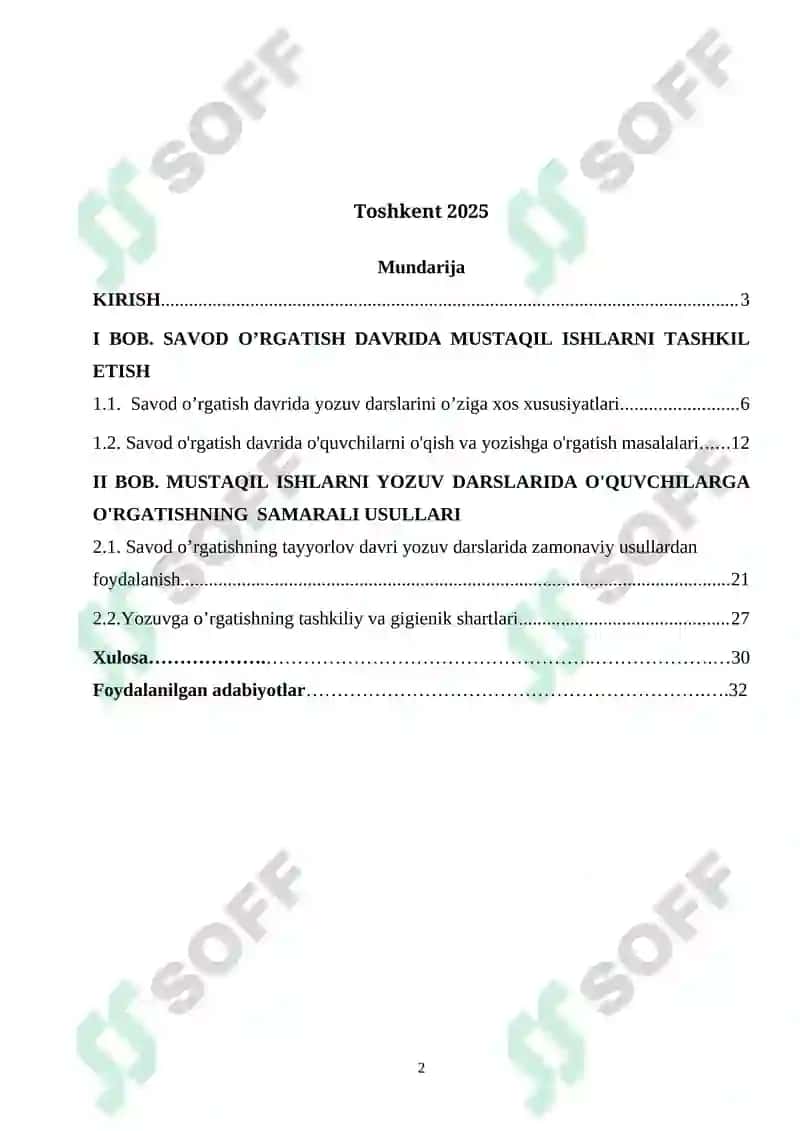 Savod oʻrgatish davri yozuv darslarida mustaqil ishlarni tashkil etish. 2