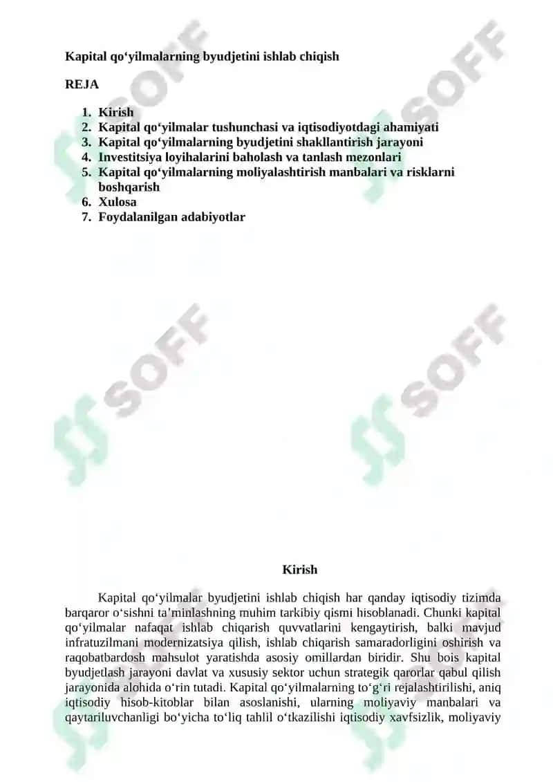 Kapital qo'yilmalarning byudjetini ishlab chiqish 2