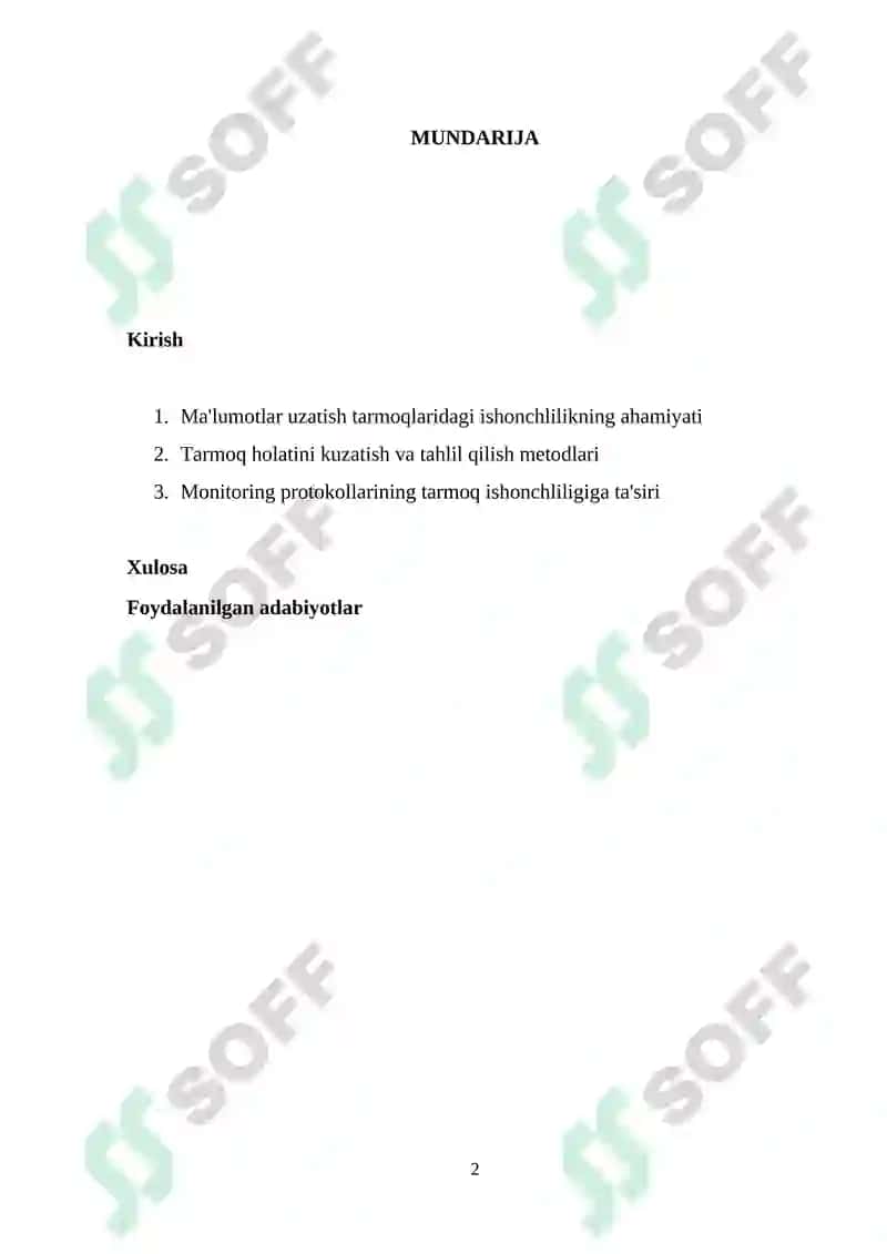 Ma’lumotlar uzatish tarmoqlarining ishonchlilik ko`rsatkichlariga talablar va ularni oshirish usullari. Ma’lumotlar uzatish tarmoqlarida monitoring usullari va protokollari 2
