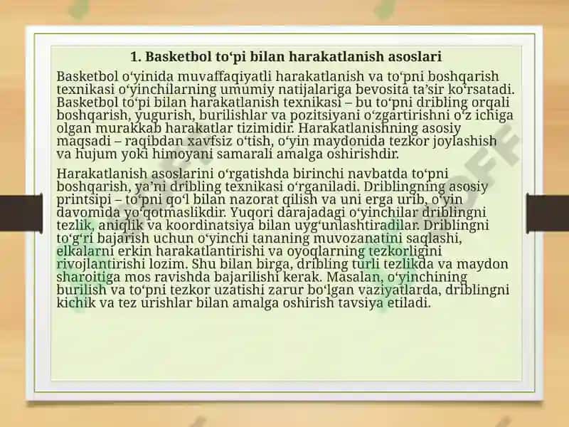 BASKETBOL TO‘PI BILAN HARAKATLANISH VA BURILISHLAR TEXNIKASINI TAKOMILLASHTIRISH 2