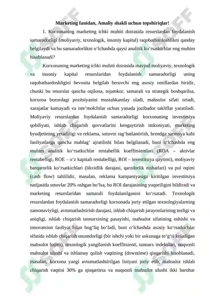 Marketing fanidan, Amaliy shakli uchun topshiriqlar 2