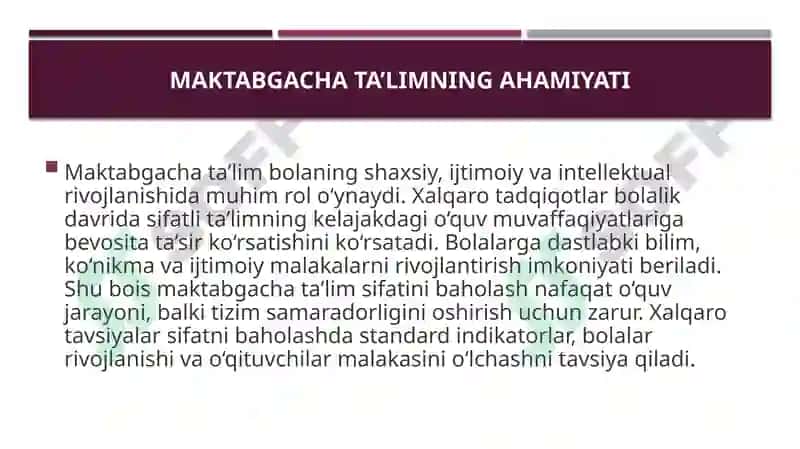Maktabgacha ta’lim sifatini Baholash bo’yicha xalqaro tavsiyalar 2