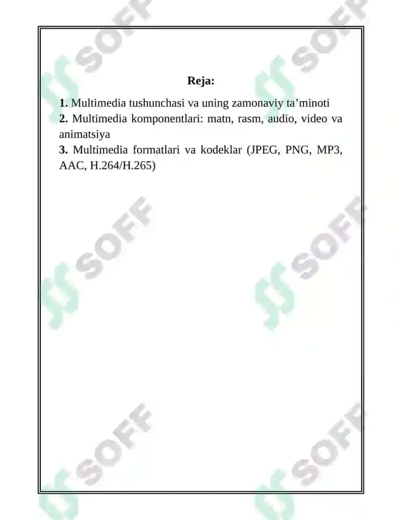 Multimedia va uning zamonaviy ta’minoti. Multimediadan axborot ta’minotida foydalanish. Multimediadan dasturlashda foydalanish 2