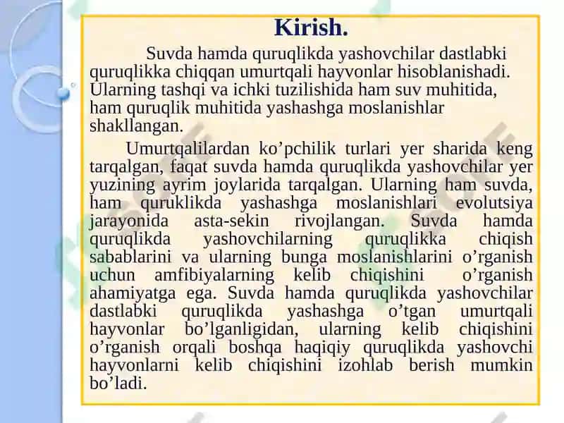 SUVDA HAMDA QURUQLIKDA YASHOVCHILARNING QURUQLIKKA CHIQISH SABABLARIvaungaxosMOSLANISHLAR 2