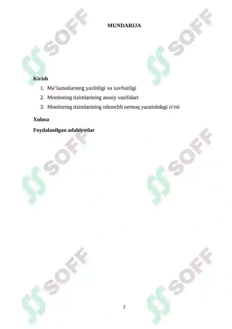 Ma’lumotlar uzatish tarmoqlarining ishonchlilik ko`rsatkichlariga talablar va ularni oshirish usullari. Ma’lumotlar uzatish tarmoqlarida monitoring usullari va protokollari 2