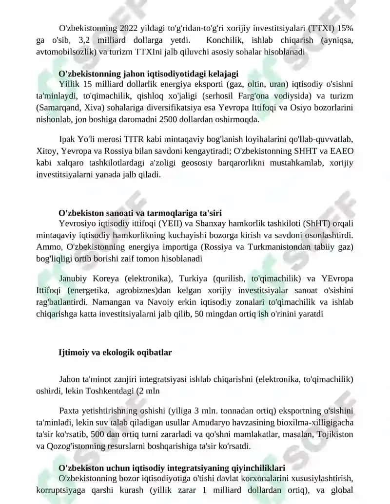Xalqaro iqtisodiy integratsiya va O'zbekistonning Jahon hamjamiyatiga kirib borishi 2
