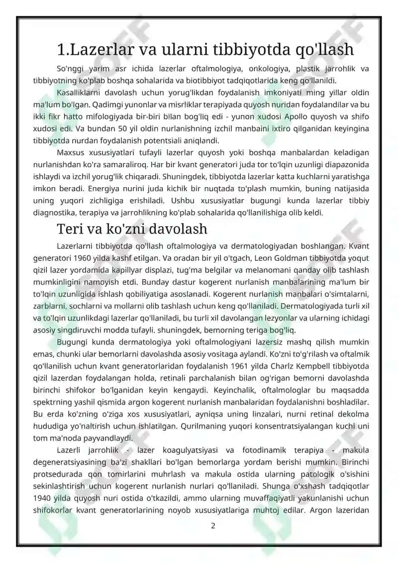 Lazerlar va ularni tibbiyotda qo'llash 2